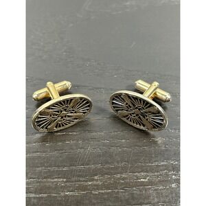 Vintage Gold Tone Sunburst Oval Cufflinks Geometric Textured Formal Mens Jewelry